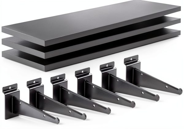 Alffun Wooden Slatwall Shelves 3-Pack 16x6 Black with Metal Brackets-0
