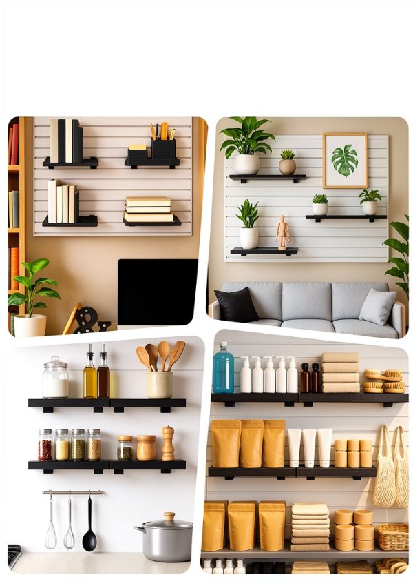Alffun Wooden Slatwall Shelves 3-Pack 16x6 Black with Metal Brackets-5