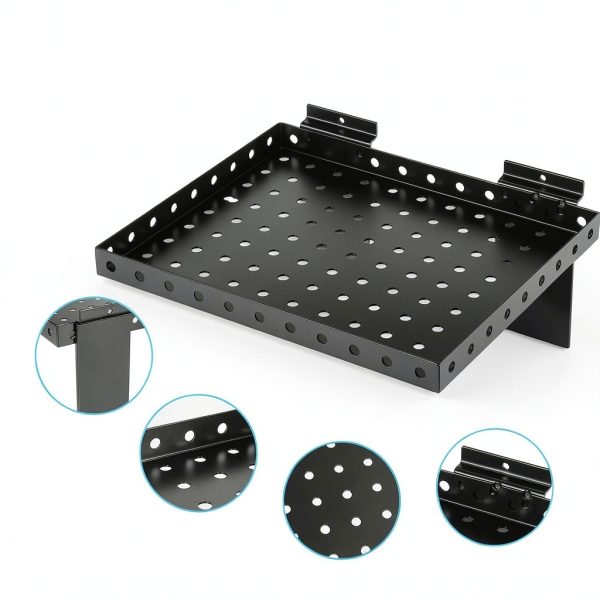 Thyle 2 Pcs Slat Wall Shelves, Heavy Duty Metal Slatwall Shelf for Retail, Garage, Home Storage, Shoe Stores Boutiques Display Slatwall Accessories(10 x 12 Inch,Black)-4